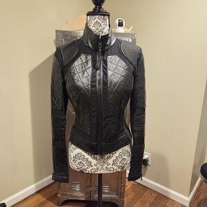 Blanc Noir Classic Black Quilted Genuine Leather Mesh Moto Jacket sz Sm